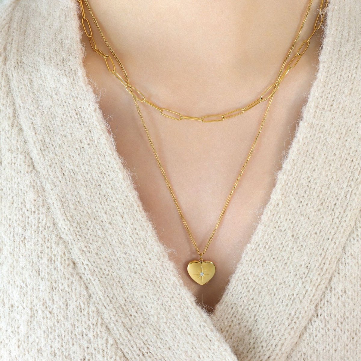 Inlaid Zircon Double Layered Heart Pendant Necklace - Dressy Clothing - Necklaces - Gold