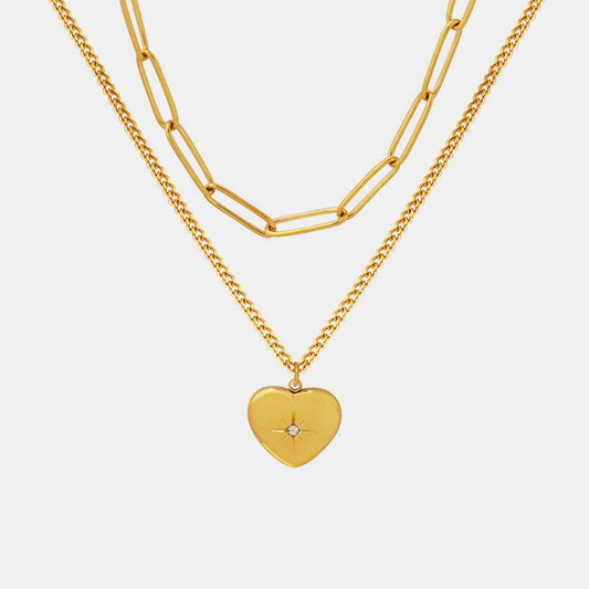 Inlaid Zircon Double Layered Heart Pendant Necklace - Dressy Clothing - Necklaces - Gold