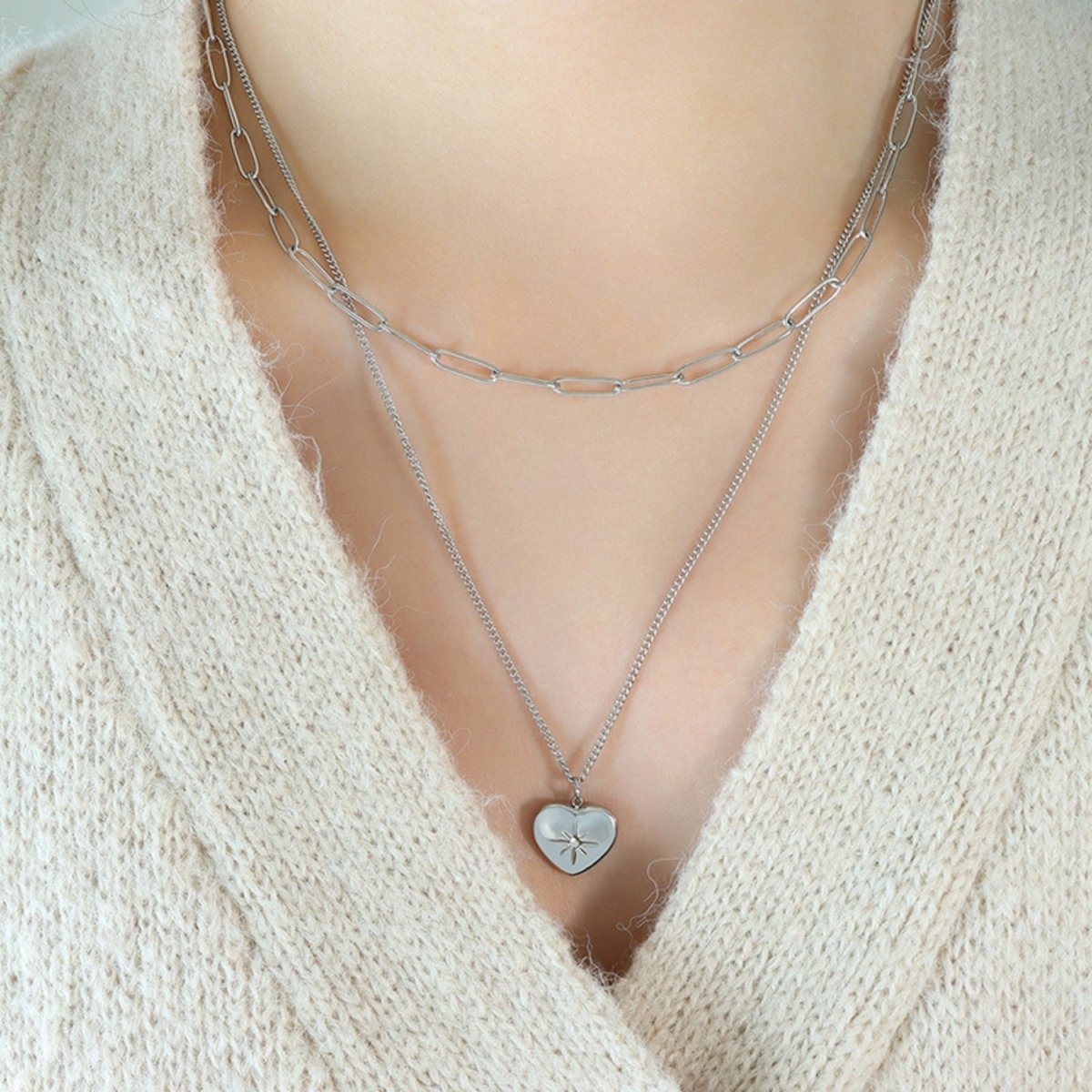 Inlaid Zircon Double Layered Heart Pendant Necklace - Dressy Clothing - Necklaces - Silver