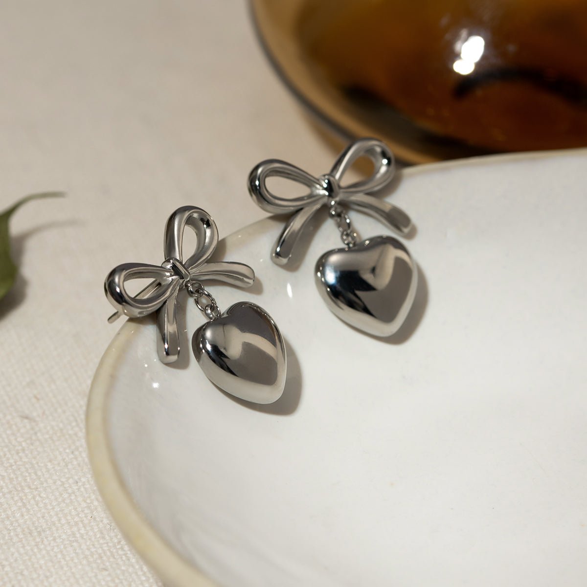 Stainless Steel Bow & Heart Drop Earrings - Dressy Clothing - Earrings - Silver