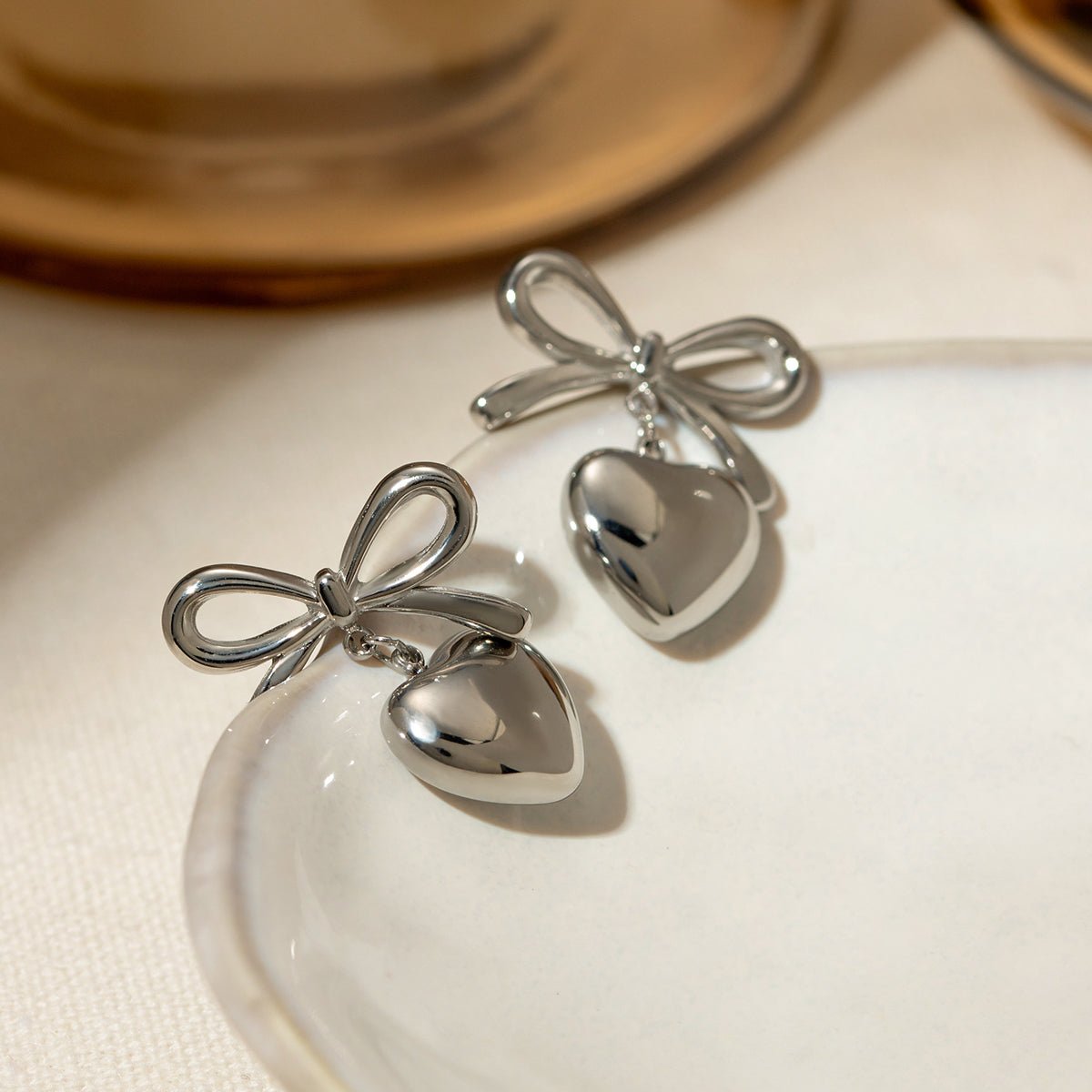 Stainless Steel Bow & Heart Drop Earrings - Dressy Clothing - Earrings - Silver