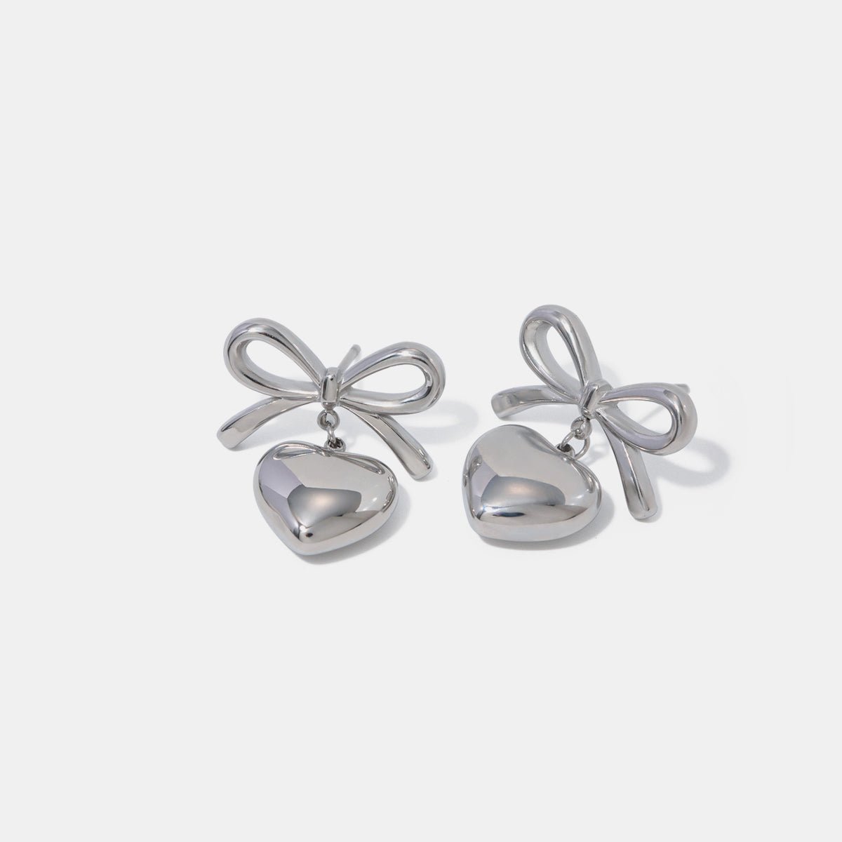 Stainless Steel Bow & Heart Drop Earrings - Dressy Clothing - Earrings - Silver