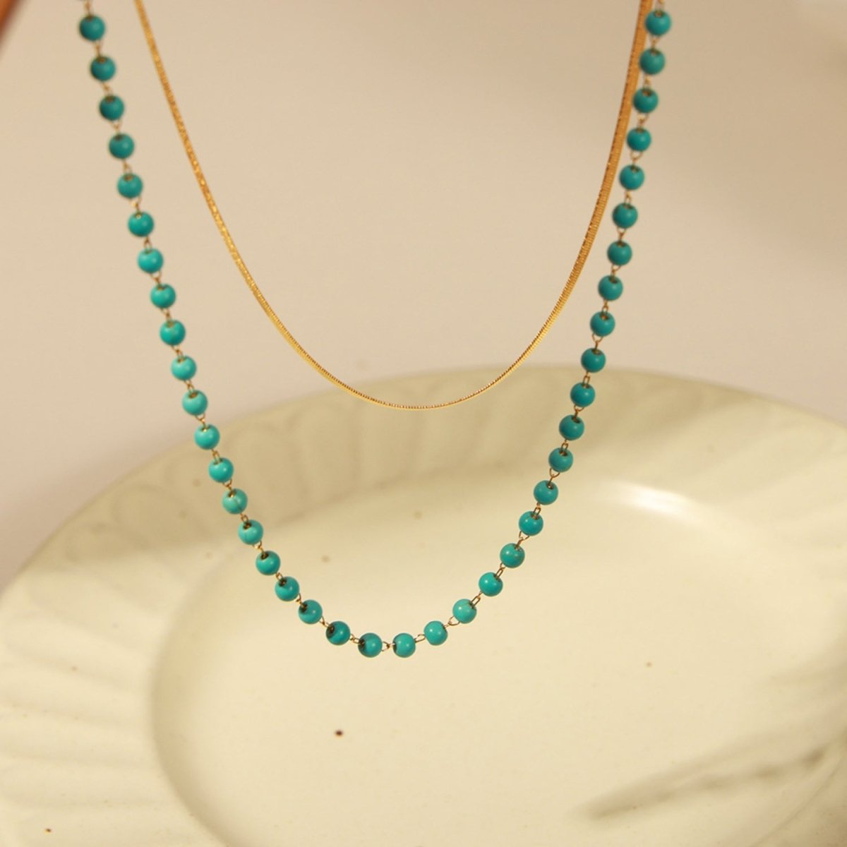 Turquoise Titanium Steel Double - Layered Necklace - Dressy Clothing - Necklaces - Gold