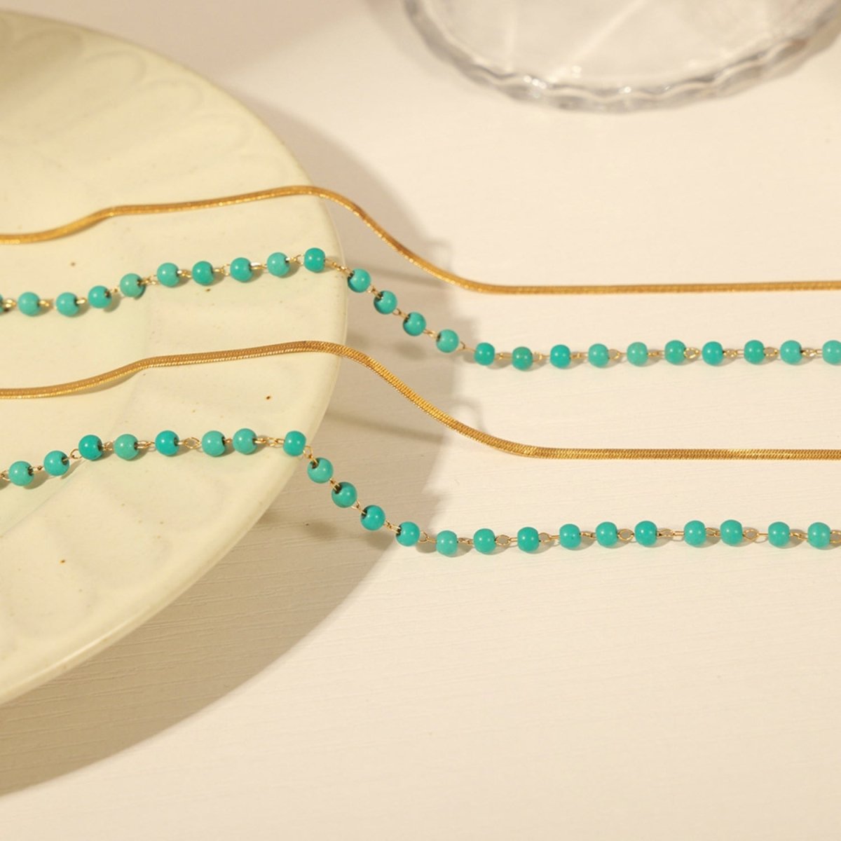 Turquoise Titanium Steel Double - Layered Necklace - Dressy Clothing - Necklaces - Gold