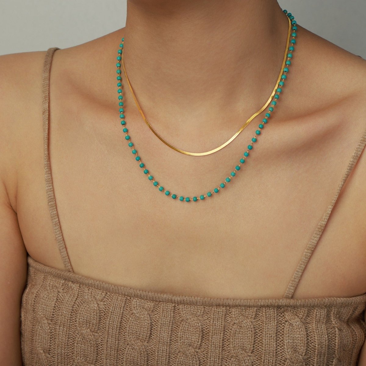 Turquoise Titanium Steel Double - Layered Necklace - Dressy Clothing - Necklaces - Gold